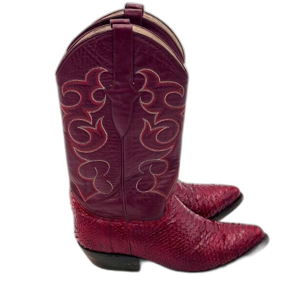 Vintage Handmade Red Genuine Snakeskin Cowboy Boots – Mens 8EE – Womens 9.5-10 W - Picture 1 of 13